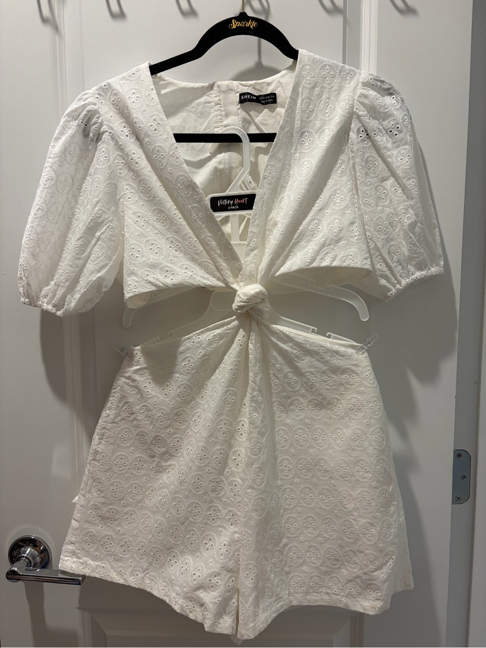 SHEIN White Eyelet Knot-Front Mini Romper